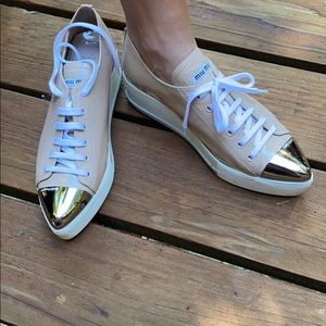 Miu Miu metal cap toe with platform wedge in blush